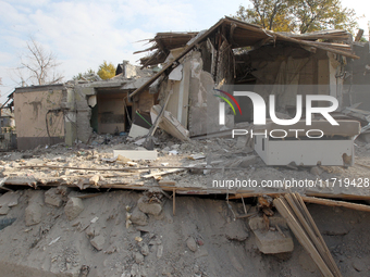 A residential building in the Novokodatskyi district in Dnipro, Ukraine, lies in ruins after the Russian missile attack on October 25, 2024....