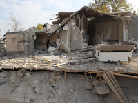 A residential building in the Novokodatskyi district in Dnipro, Ukraine, lies in ruins after the Russian missile attack on October 25, 2024....