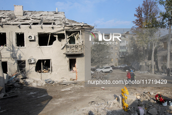 A residential building in the Novokodatskyi district in Dnipro, Ukraine, lies in ruins after the Russian missile attack on October 25, 2024....