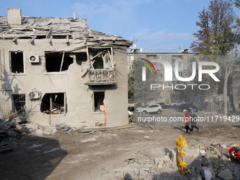 A residential building in the Novokodatskyi district in Dnipro, Ukraine, lies in ruins after the Russian missile attack on October 25, 2024....