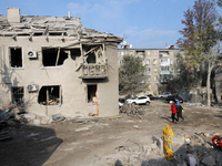 A residential building in the Novokodatskyi district in Dnipro, Ukraine, lies in ruins after the Russian missile attack on October 25, 2024....