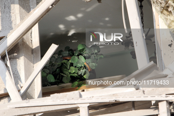 A potted plant is visible through a smashed window in a residential building after the Russian missile attack in the Novokodatskyi district...