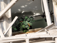 A potted plant is visible through a smashed window in a residential building after the Russian missile attack in the Novokodatskyi district...