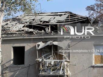 A residential building in the Novokodatskyi district in Dnipro, Ukraine, lies in ruins after the Russian missile attack on October 25, 2024....