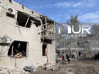 Residential buildings in the Novokodatskyi district in Dnipro, Ukraine, are in ruins after the Russian missile attack that takes place in th...