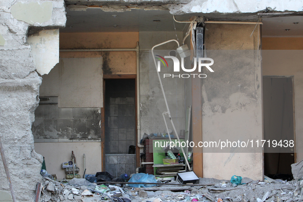 A room is inside a residential building in the Novokodatskyi district in Dnipro, Ukraine, on October 29, 2024, damaged by the Russian missil...