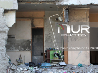 A room is inside a residential building in the Novokodatskyi district in Dnipro, Ukraine, on October 29, 2024, damaged by the Russian missil...