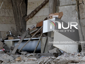 A room is inside a residential building in the Novokodatskyi district in Dnipro, Ukraine, on October 29, 2024, damaged by the Russian missil...