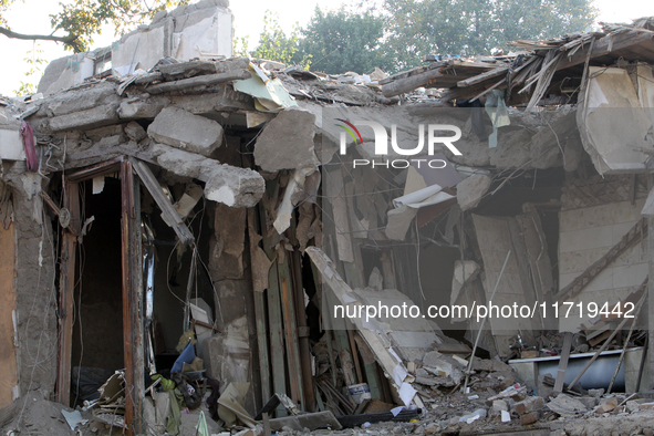 A residential building in the Novokodatskyi district in Dnipro, Ukraine, lies in ruins after the Russian missile attack on October 25, 2024....