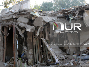 A residential building in the Novokodatskyi district in Dnipro, Ukraine, lies in ruins after the Russian missile attack on October 25, 2024....