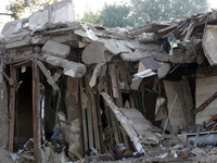 A residential building in the Novokodatskyi district in Dnipro, Ukraine, lies in ruins after the Russian missile attack on October 25, 2024....