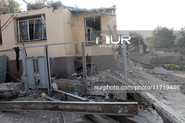 A residential building in the Novokodatskyi district in Dnipro, Ukraine, lies in ruins after the Russian missile attack on October 25, 2024....