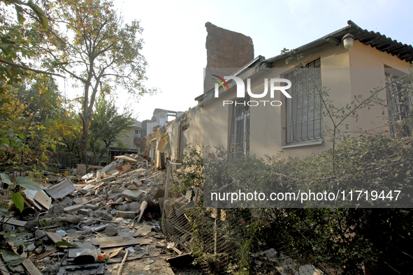 A residential building in the Novokodatskyi district in Dnipro, Ukraine, lies in ruins after the Russian missile attack on October 25, 2024....