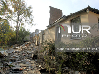 A residential building in the Novokodatskyi district in Dnipro, Ukraine, lies in ruins after the Russian missile attack on October 25, 2024....