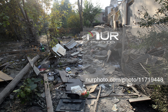 A residential building in the Novokodatskyi district in Dnipro, Ukraine, lies in ruins after the Russian missile attack on October 25, 2024....