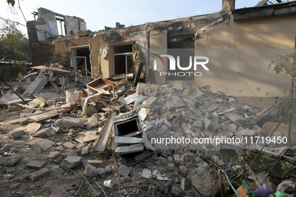 A residential building in the Novokodatskyi district in Dnipro, Ukraine, lies in ruins after the Russian missile attack on October 25, 2024....