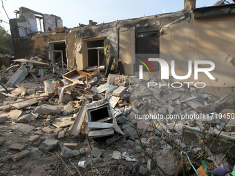 A residential building in the Novokodatskyi district in Dnipro, Ukraine, lies in ruins after the Russian missile attack on October 25, 2024....