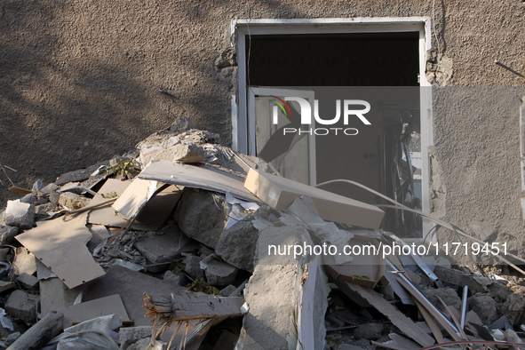 A residential building in the Novokodatskyi district in Dnipro, Ukraine, lies in ruins after the Russian missile attack on October 25, 2024....