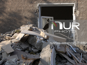 A residential building in the Novokodatskyi district in Dnipro, Ukraine, lies in ruins after the Russian missile attack on October 25, 2024....