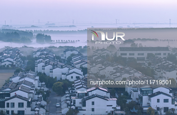 The landscape of advection fog appears in Wafang Village on the banks of the ancient Bian River in Suqian, China, on October 29, 2024. 