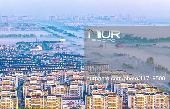 The landscape of advection fog appears in Wafang Village on the banks of the ancient Bian River in Suqian, China, on October 29, 2024. 