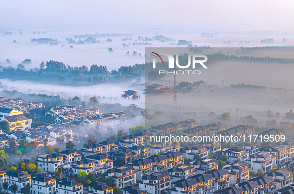 The landscape of advection fog appears in Wafang Village on the banks of the ancient Bian River in Suqian, China, on October 29, 2024. 