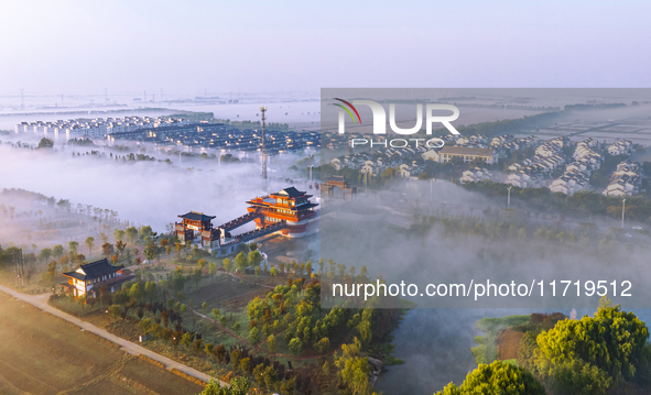 The landscape of advection fog appears in Wafang Village on the banks of the ancient Bian River in Suqian, China, on October 29, 2024. 