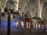 Several passengers are inside a train carriage at Oriente railway station in Lisbon, Portugal, on October 28, 2024. Due to a growing shortfa...