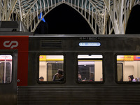 Several passengers are inside a train carriage at Oriente railway station in Lisbon, Portugal, on October 28, 2024. Due to a growing shortfa...