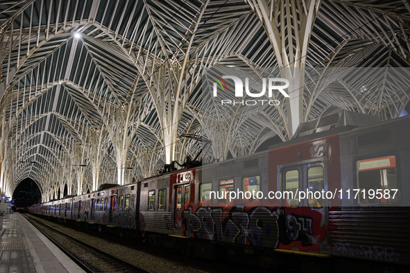 A train is parked on one of the transit lines at Oriente railway station in Lisbon, Portugal, on October 28, 2024. Due to a growing shortfal...