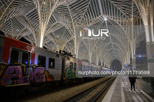 A person walks near a train parked on one of the transit lines at Oriente railway station in Lisbon, Portugal, on October 28, 2024. Due to a...