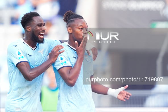 Tijjani Noslin of SS Lazio celebrates after scoring first goal during the Serie A Enilive match between SS Lazio and Genoa CF at Stadio Olim...