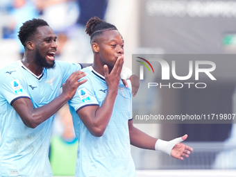 Tijjani Noslin of SS Lazio celebrates after scoring first goal during the Serie A Enilive match between SS Lazio and Genoa CF at Stadio Olim...