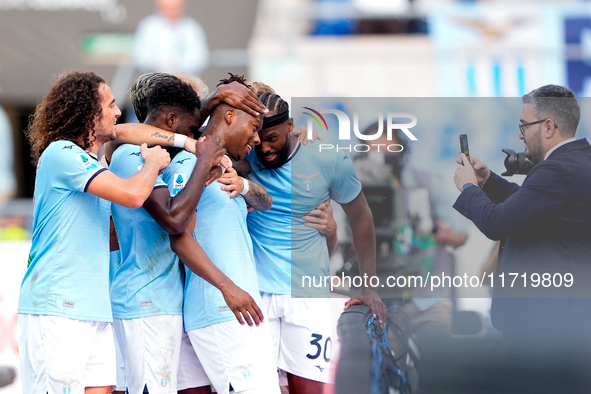 Tijjani Noslin of SS Lazio celebrates after scoring first goal during the Serie A Enilive match between SS Lazio and Genoa CF at Stadio Olim...