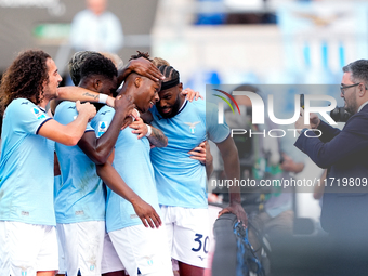 Tijjani Noslin of SS Lazio celebrates after scoring first goal during the Serie A Enilive match between SS Lazio and Genoa CF at Stadio Olim...