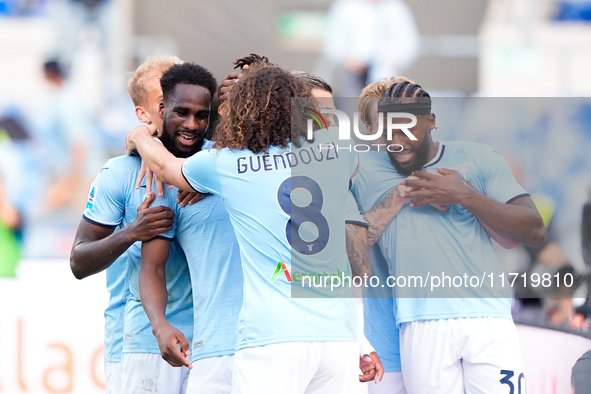 Tijjani Noslin of SS Lazio celebrates after scoring first goal during the Serie A Enilive match between SS Lazio and Genoa CF at Stadio Olim...