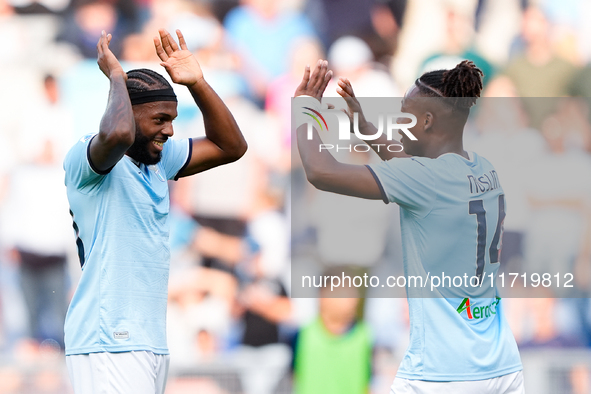 Tijjani Noslin of SS Lazio celebrates after scoring first goal during the Serie A Enilive match between SS Lazio and Genoa CF at Stadio Olim...