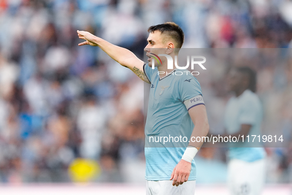 Gil Patric of SS Lazio gestures during the Serie A Enilive match between SS Lazio and Genoa CF at Stadio Olimpico on October 27, 2024 in Rom...