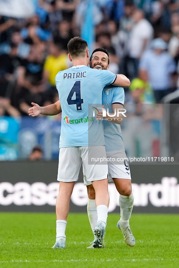 Pedro of SS Lazio celebrates after scoring second goal during the Serie A Enilive match between SS Lazio and Genoa CF at Stadio Olimpico on...