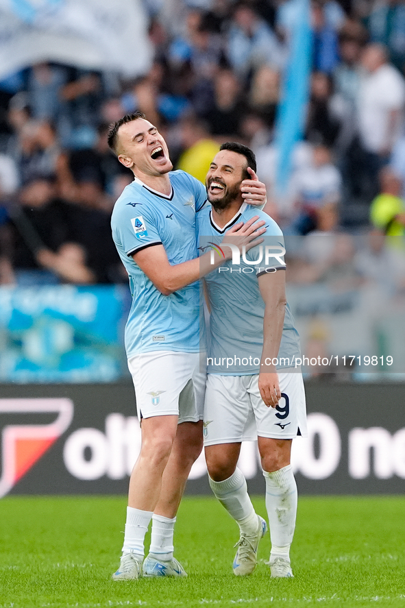 Pedro of SS Lazio celebrates after scoring second goal during the Serie A Enilive match between SS Lazio and Genoa CF at Stadio Olimpico on...