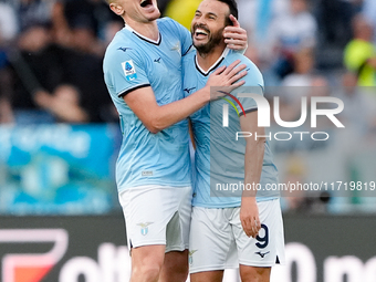 Pedro of SS Lazio celebrates after scoring second goal during the Serie A Enilive match between SS Lazio and Genoa CF at Stadio Olimpico on...