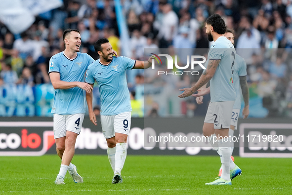 Pedro of SS Lazio celebrates after scoring second goal during the Serie A Enilive match between SS Lazio and Genoa CF at Stadio Olimpico on...