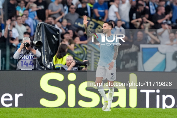 Matias Vecino of SS Lazio celebrates after scoring third goal during the Serie A Enilive match between SS Lazio and Genoa CF at Stadio Olimp...