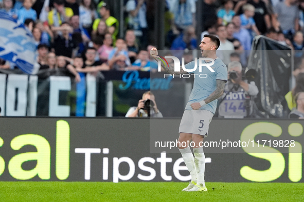 Matias Vecino of SS Lazio celebrates after scoring third goal during the Serie A Enilive match between SS Lazio and Genoa CF at Stadio Olimp...