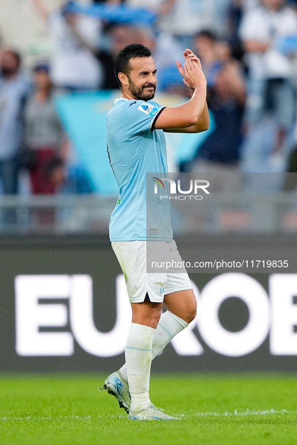 Pedro of SS Lazio greets his supporters during the Serie A Enilive match between SS Lazio and Genoa CF at Stadio Olimpico on October 27, 202...