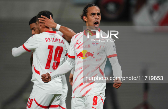 Yussuf Poulsen of Leipzig celebrates the teams first goal during the DFB Cup  Second Round match between RB Leipzig and FC St. Pauli at Red...