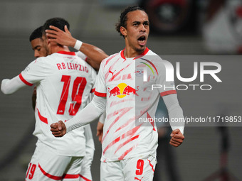 Yussuf Poulsen of Leipzig celebrates the teams first goal during the DFB Cup  Second Round match between RB Leipzig and FC St. Pauli at Red...