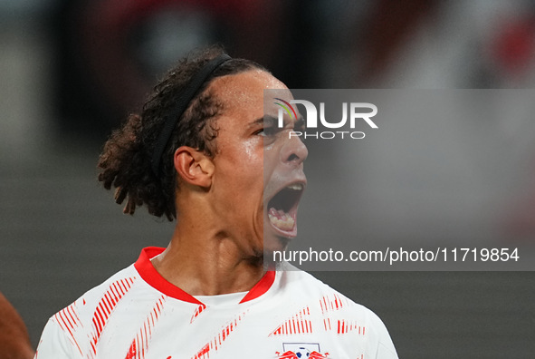 Yussuf Poulsen of Leipzig celebrates the teams first goal during the DFB Cup  Second Round match between RB Leipzig and FC St. Pauli at Red...