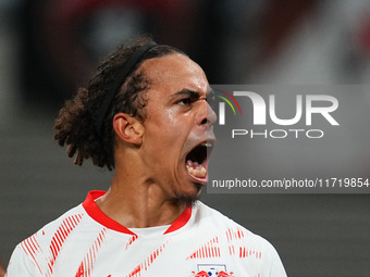 Yussuf Poulsen of Leipzig celebrates the teams first goal during the DFB Cup  Second Round match between RB Leipzig and FC St. Pauli at Red...