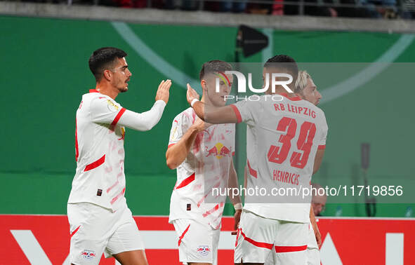 Christoph Baumgartner of Leipzig celebrates the teams second goal during the DFB Cup  Second Round match between RB Leipzig and FC St. Pauli...